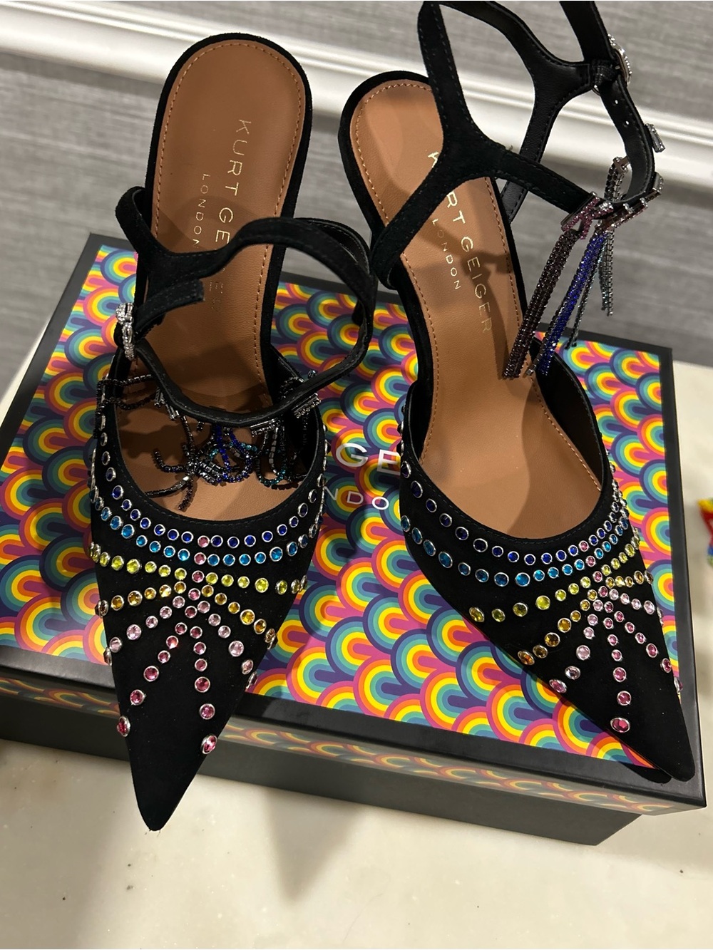 Kurt Geiger Black Crystal-Embellished Pointed Toe Heels with Multicolor Tassels - Picture 2 of 4